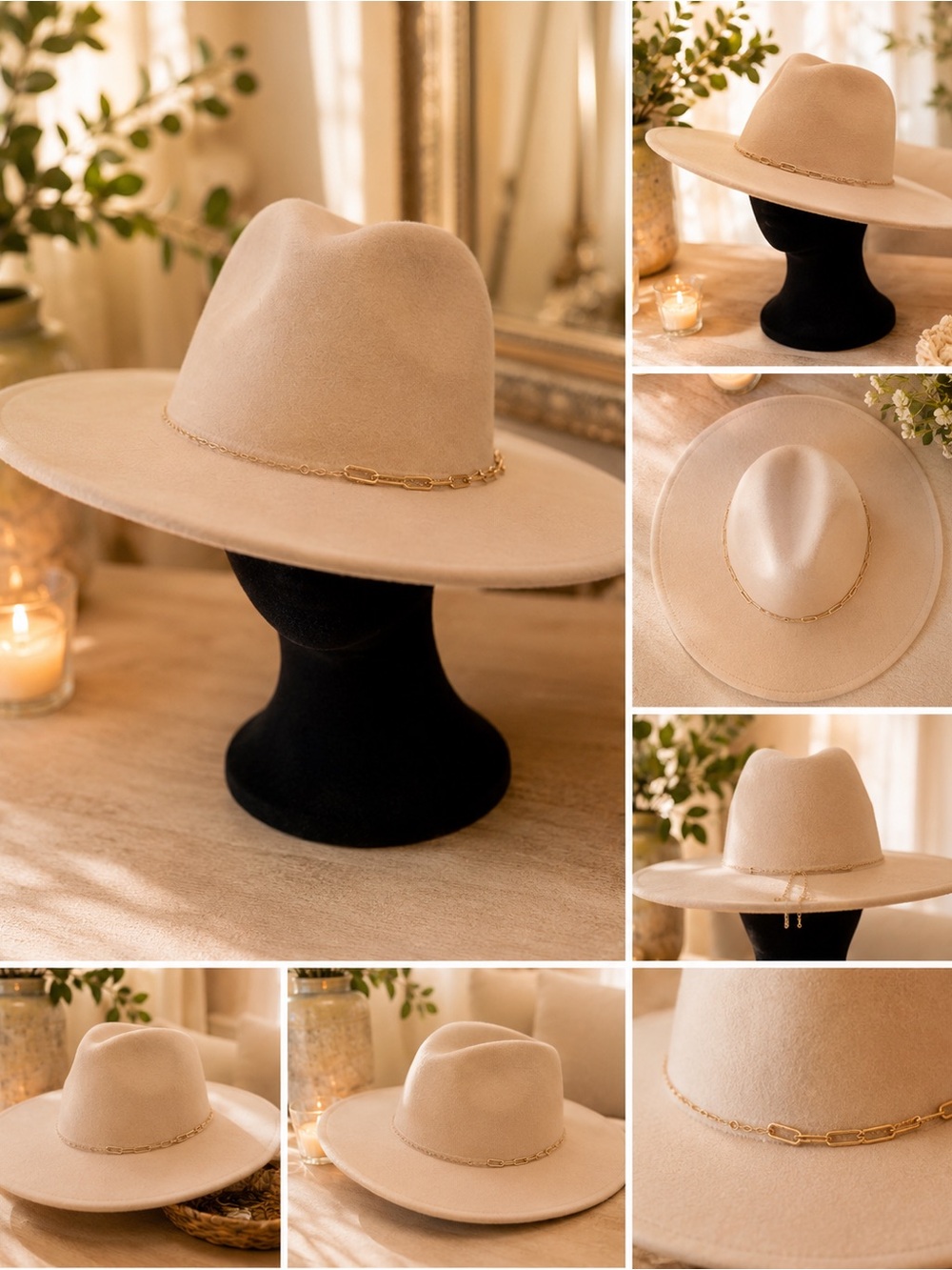 Beige Wide-Brim Felt Fedora Hat with Gold Chain- gorgeous